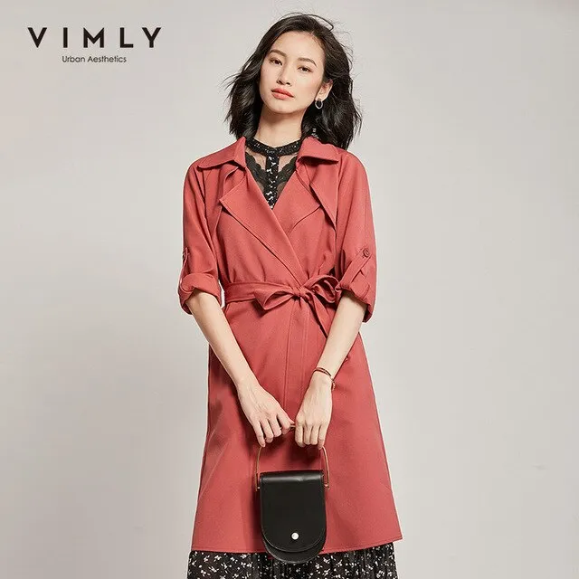 Vimly 2020 Autumn Winter Women Vintage Trench Coat Fashion Lapel Loose Solid Long Sleeve Belt Elegant Female Long Jacket 98810