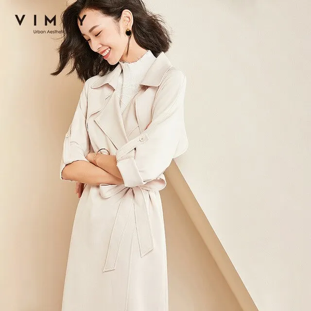 Vimly 2020 Autumn Winter Women Vintage Trench Coat Fashion Lapel Loose Solid Long Sleeve Belt Elegant Female Long Jacket 98810