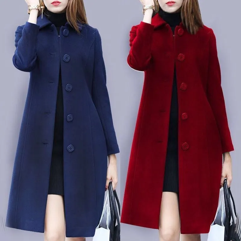 Wenkouban Fashion Ladies Wool Coat New Autumn Winter Mid-Length Single-Breasted Slim Blended Woolen Overcoat Red Blue Black Women Jacket