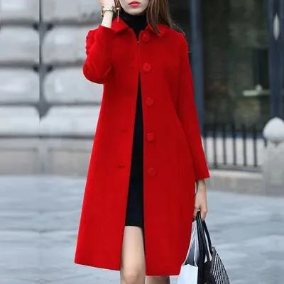 Wenkouban Fashion Ladies Wool Coat New Autumn Winter Mid-Length Single-Breasted Slim Blended Woolen Overcoat Red Blue Black Women Jacket