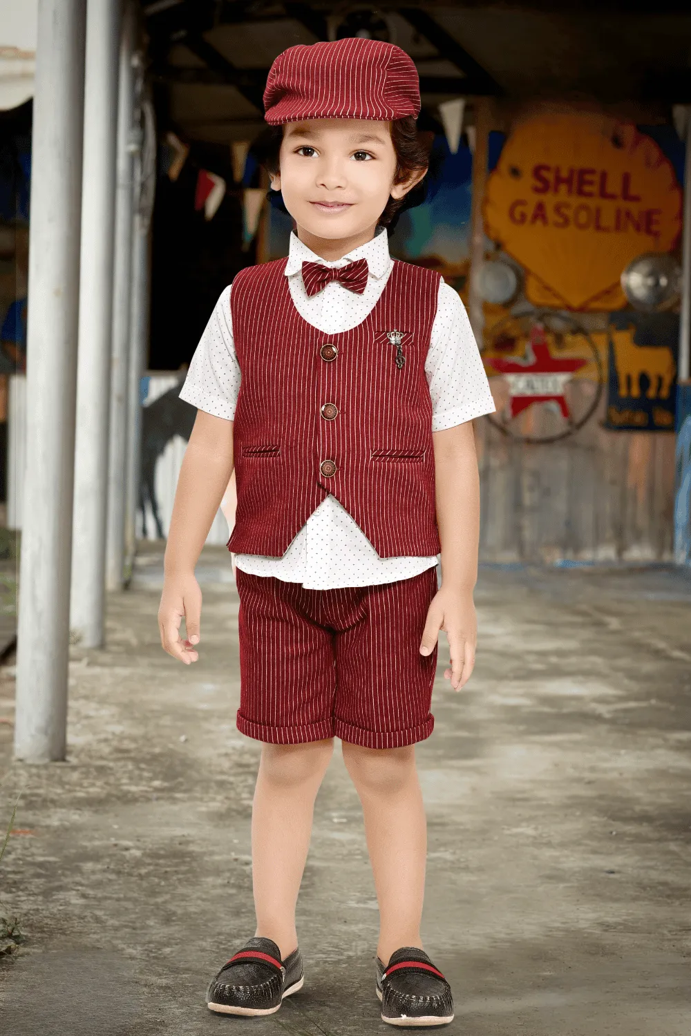 White and Maroon Printed Waist Coat and Half Shorts Set for Boys