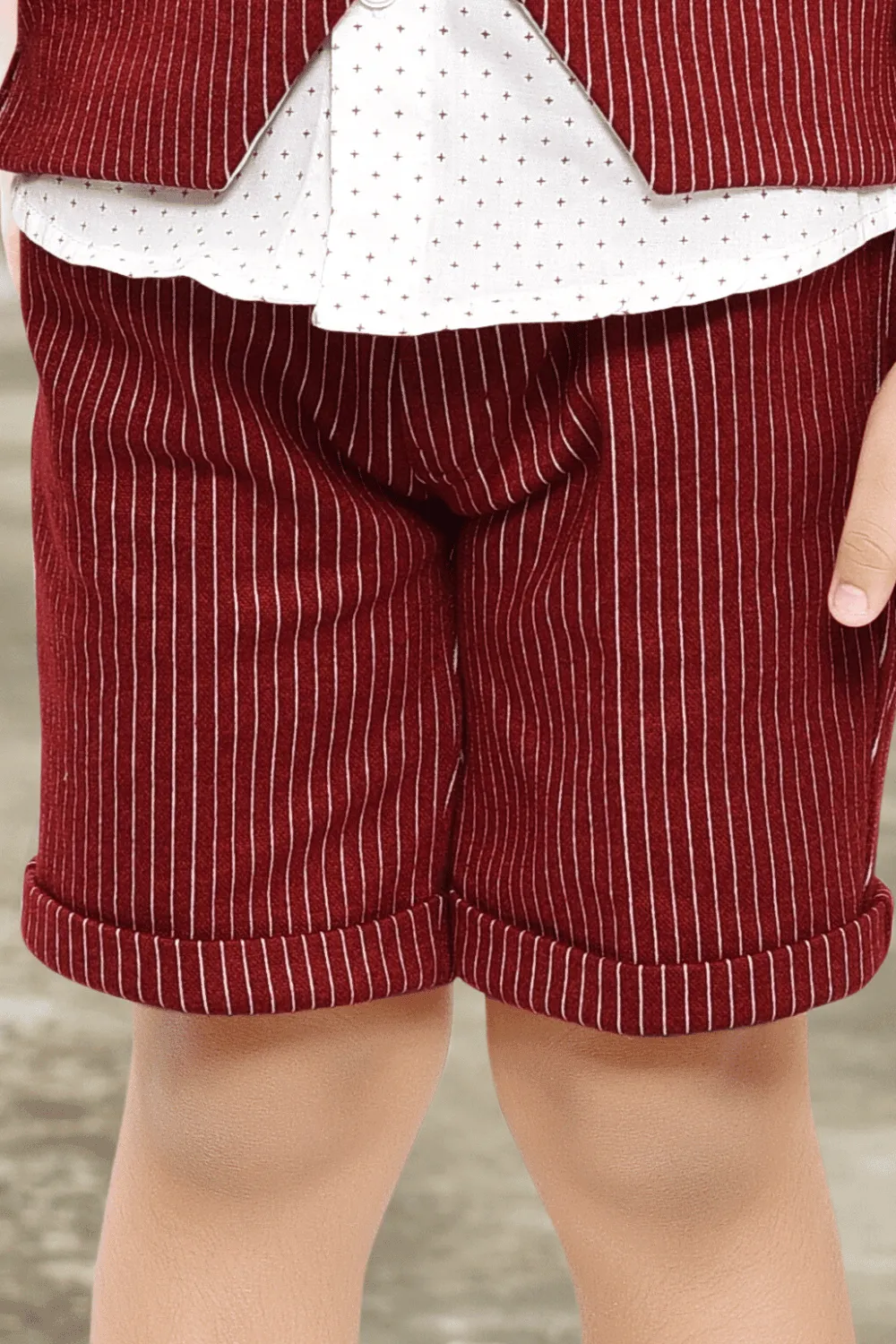 White and Maroon Printed Waist Coat and Half Shorts Set for Boys