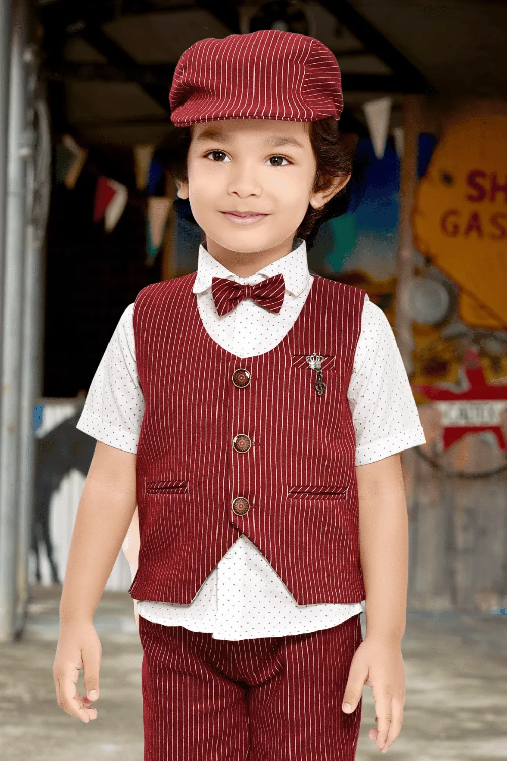 White and Maroon Printed Waist Coat and Half Shorts Set for Boys