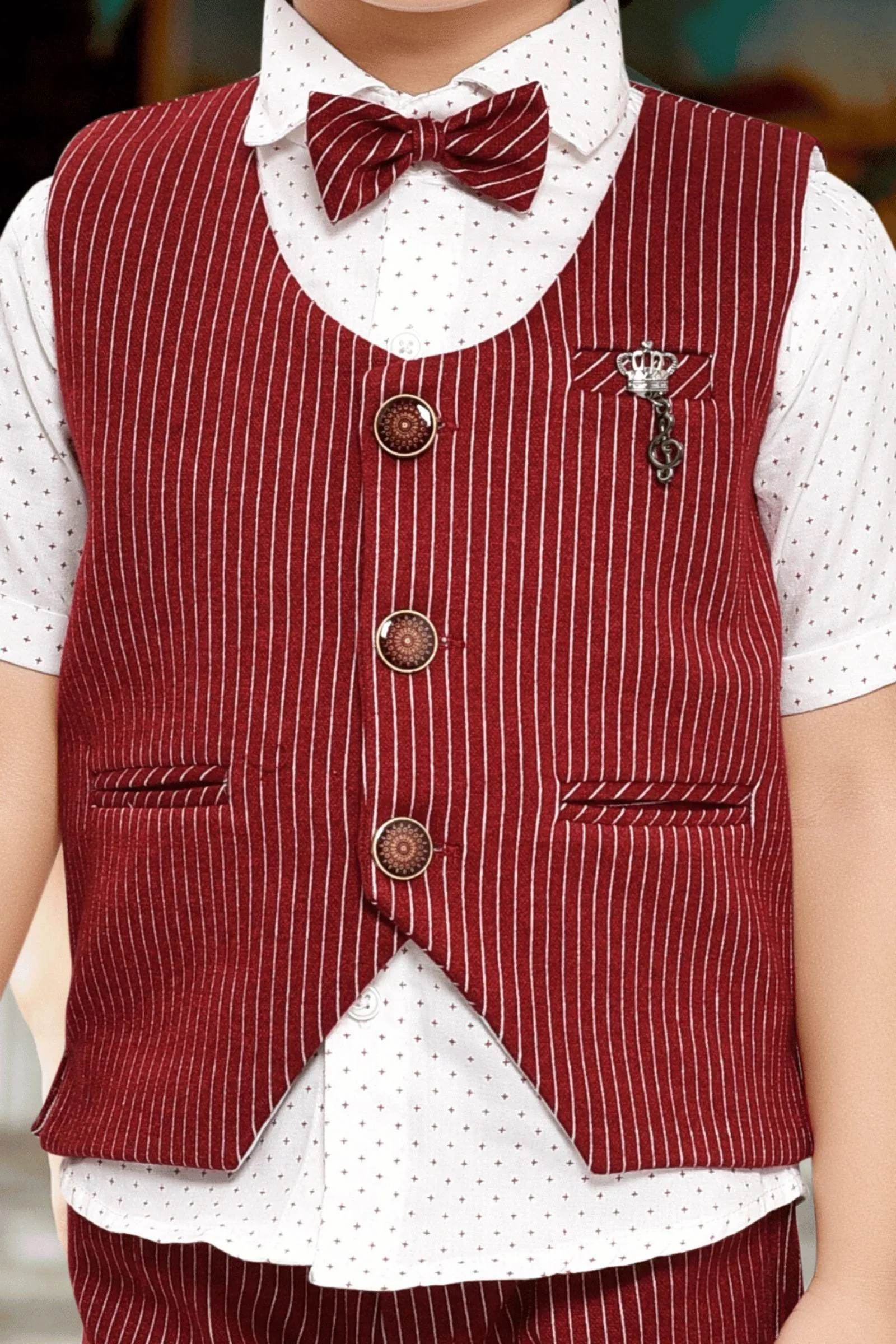 White and Maroon Printed Waist Coat and Half Shorts Set for Boys