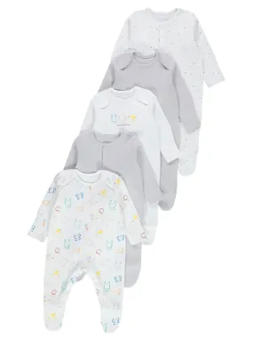 White Farmyard 5 Pack Sleepsuits