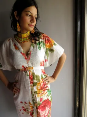 WhiteMulticolor Big Flower V-Neck Button Down to Waist, Knee Length, Cinched Waist Caftan