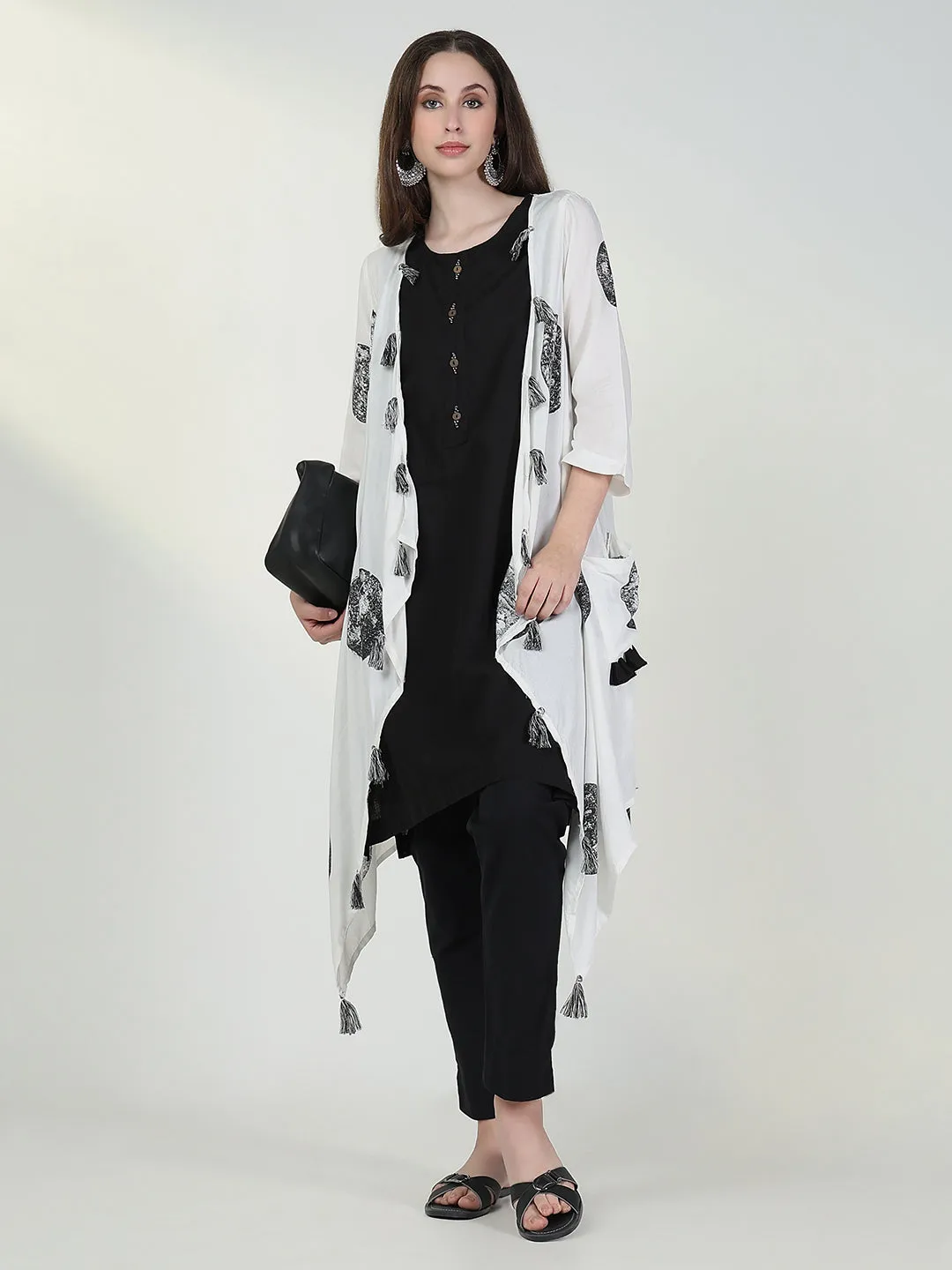 Women Black Solid A Line Kurta with Coat