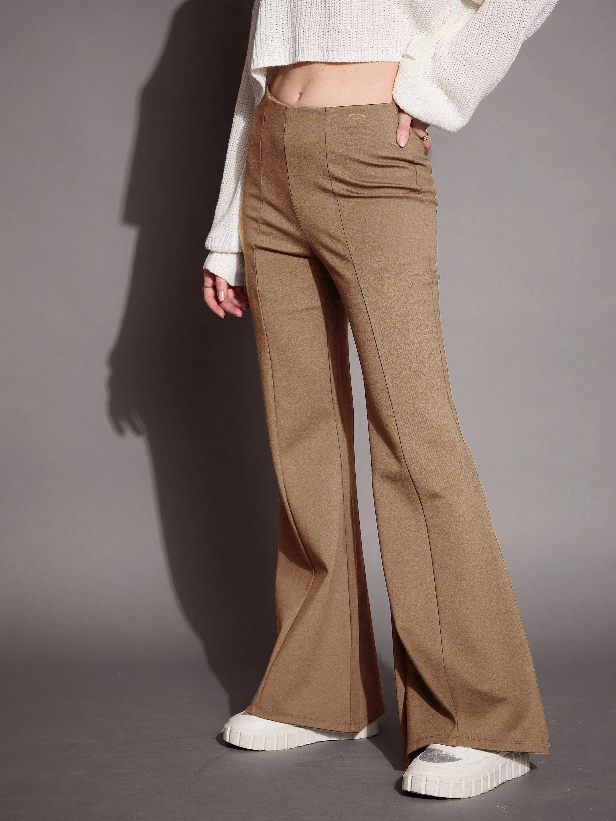 Women Brown Bootcut Flared High-Rise Trousers