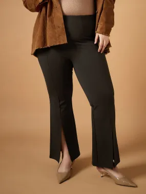 Women Brown Front Slit Detail Bell Bottom Pants