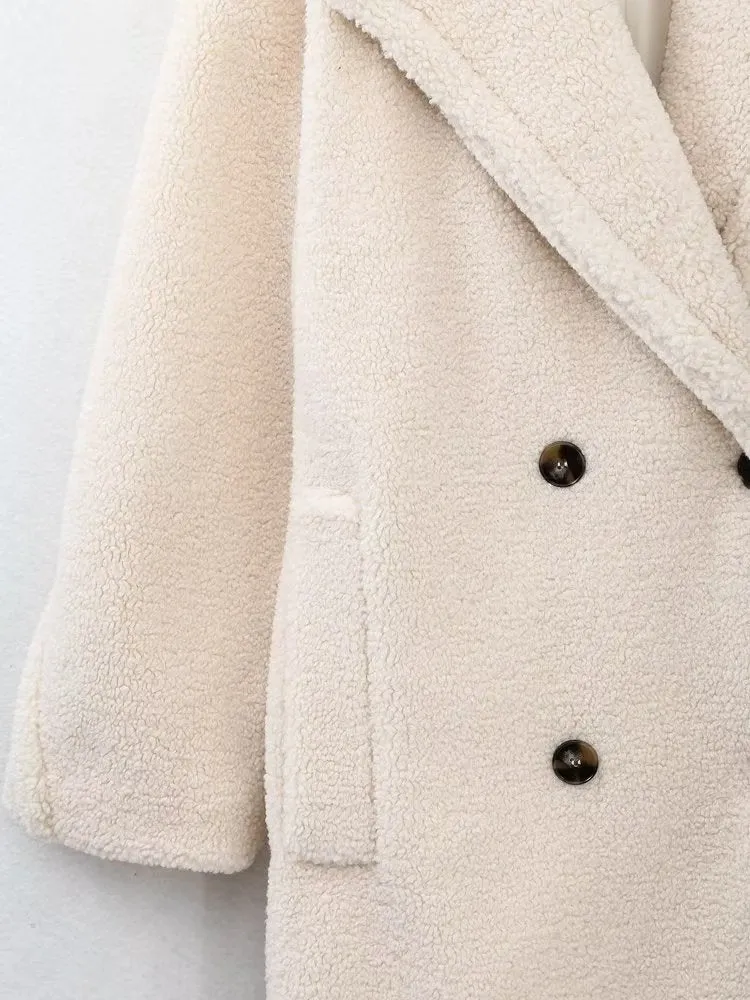 Women Double Breasted Casual Fleece Overcoat Jacket