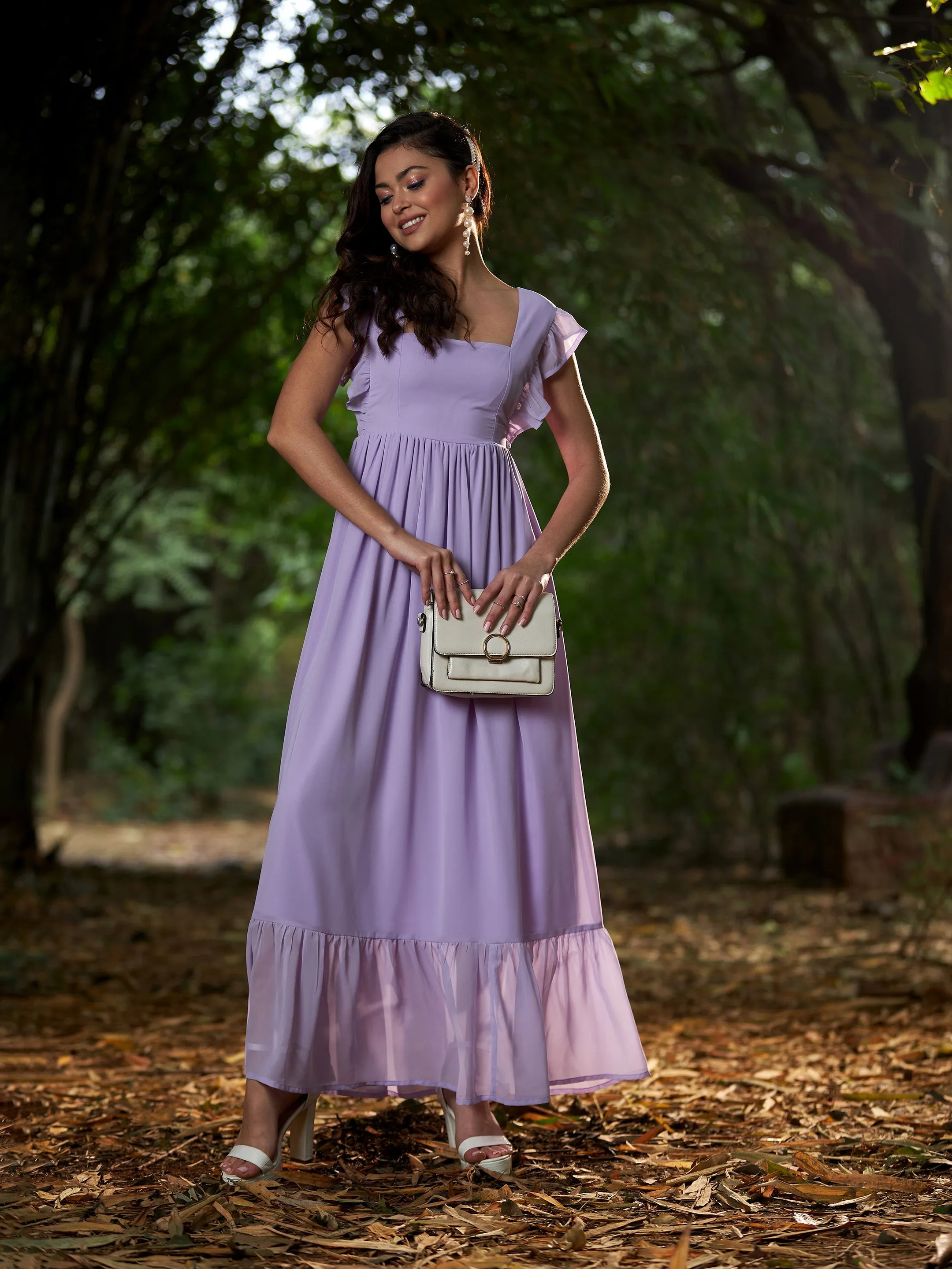 Women Lavender Square Neck Frill Hem Maxi Dress