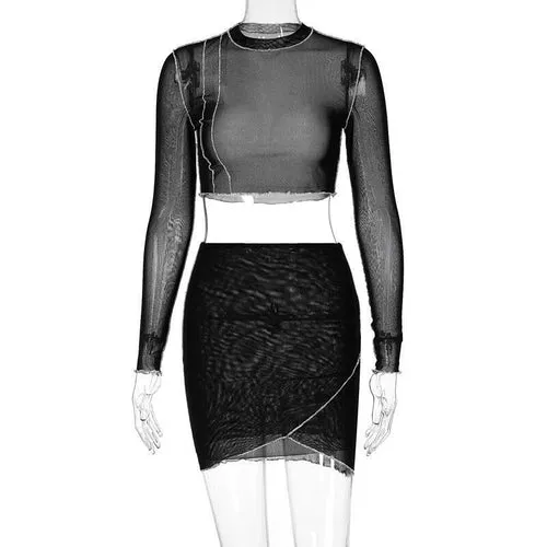 Women Mesh Patchwork 2 Piece Set Long Sleeve Crop Top Mini Skirt