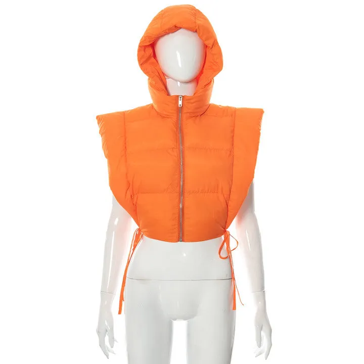 Women y2k puffer bubble tie side vest coat hoodie crop jacket