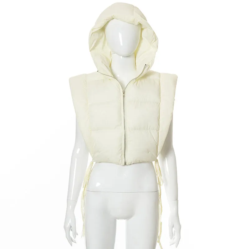 Women y2k puffer bubble tie side vest coat hoodie crop jacket