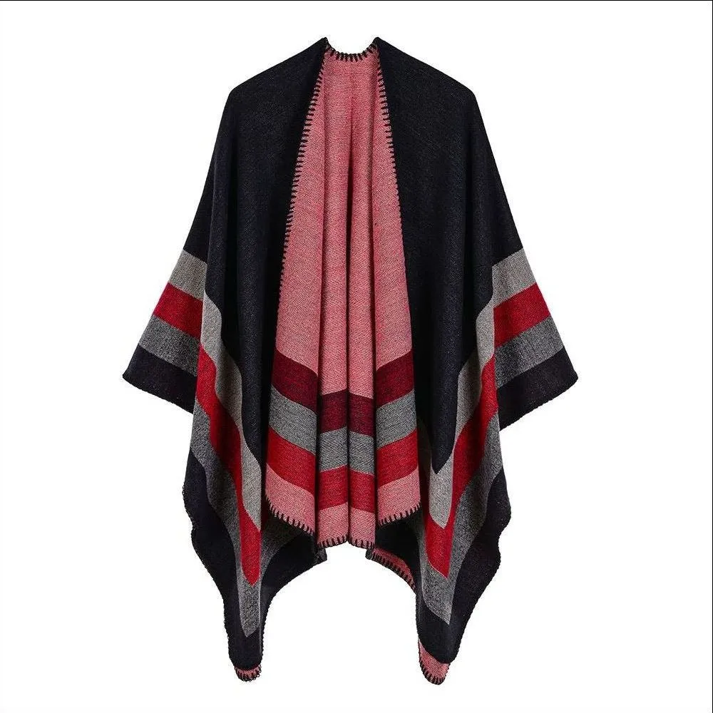 Women's four bar large frame split imitation cashmere jacquard cape cape