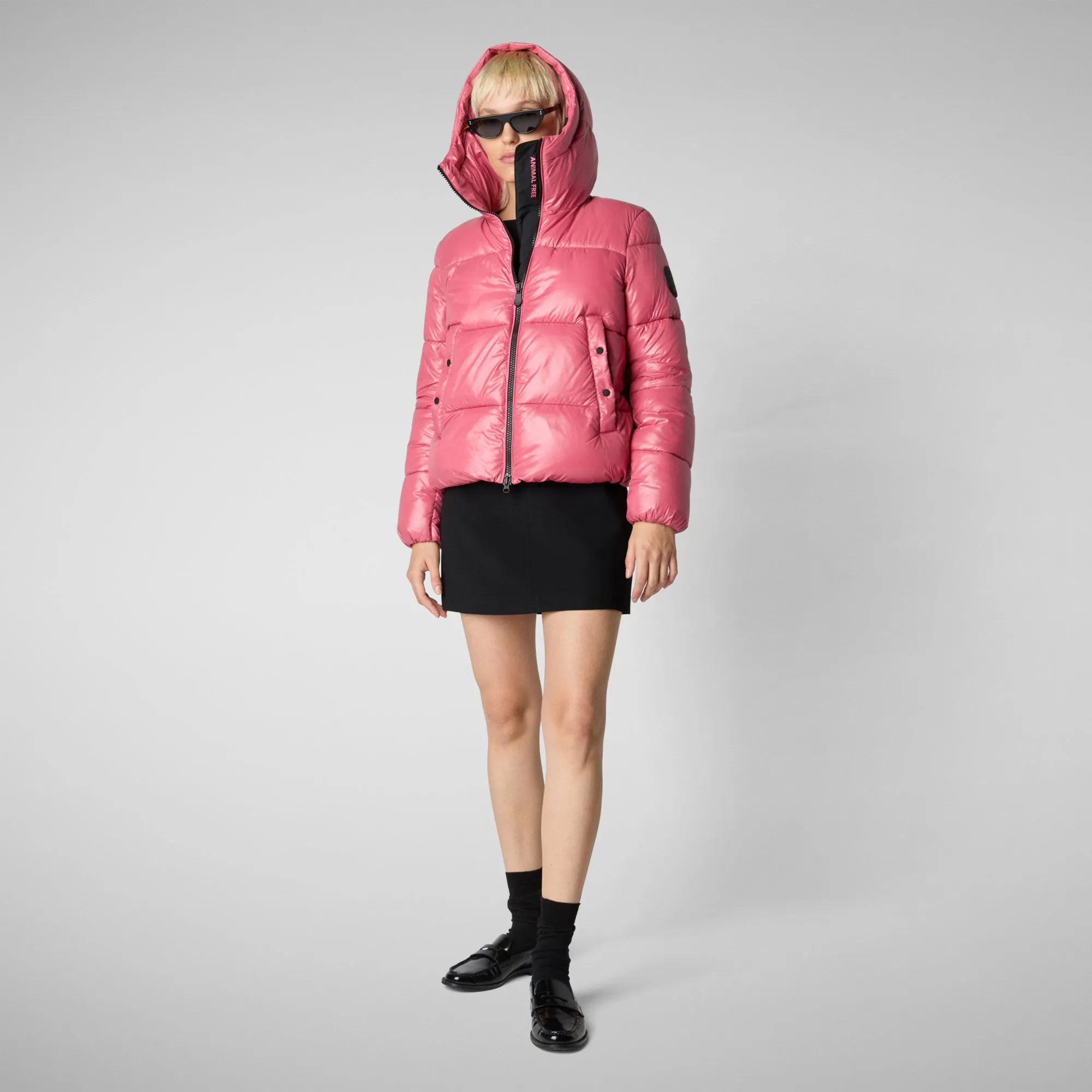 Women's Hooded Animal free Puffer Jacket Biddy in Bloom Pink