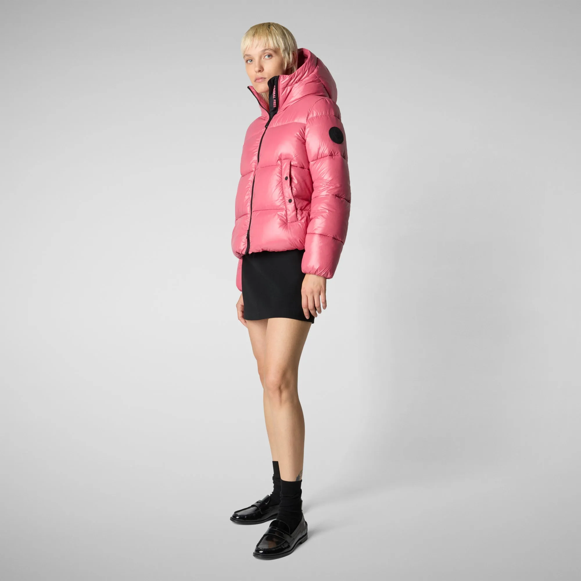 Women's Hooded Animal free Puffer Jacket Biddy in Bloom Pink