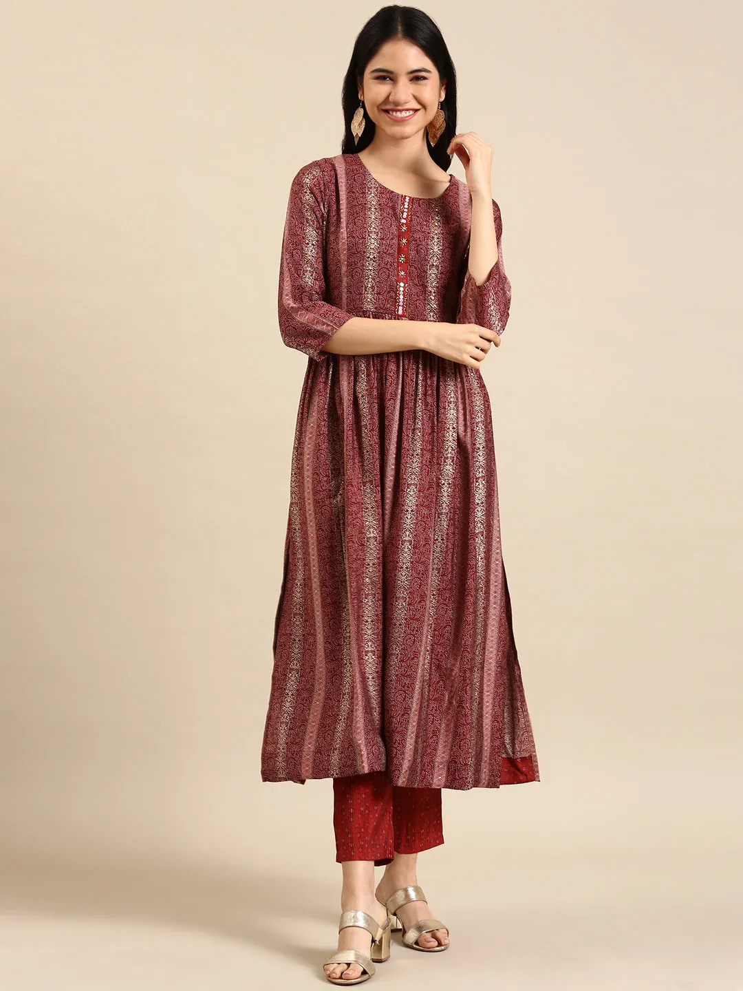 Women's Maroon Floral Kurta Set