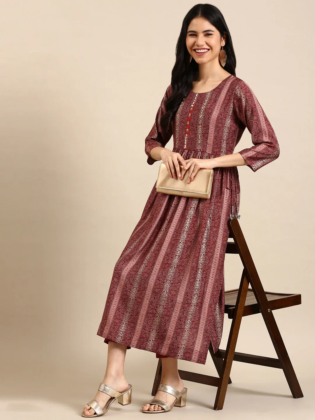 Women's Maroon Floral Kurta Set