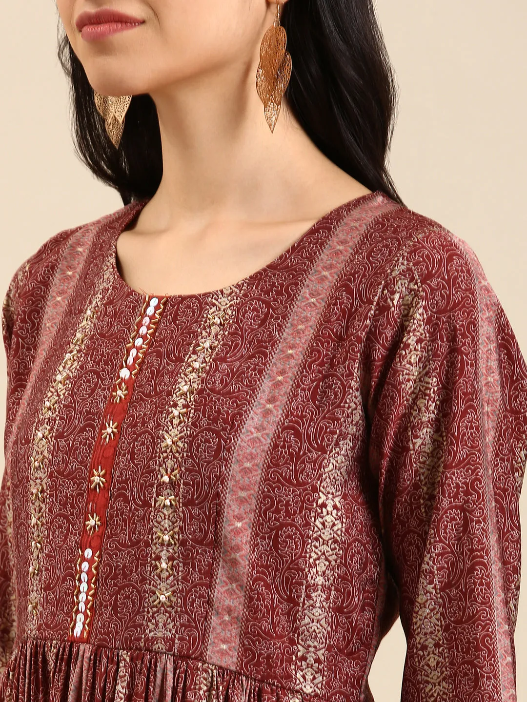 Women's Maroon Floral Kurta Set