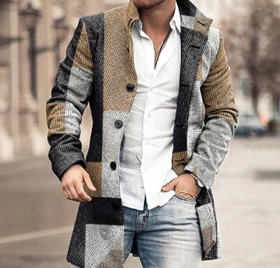 Woolen Printed Men's Coat Fashion Mid-length Trench Coat