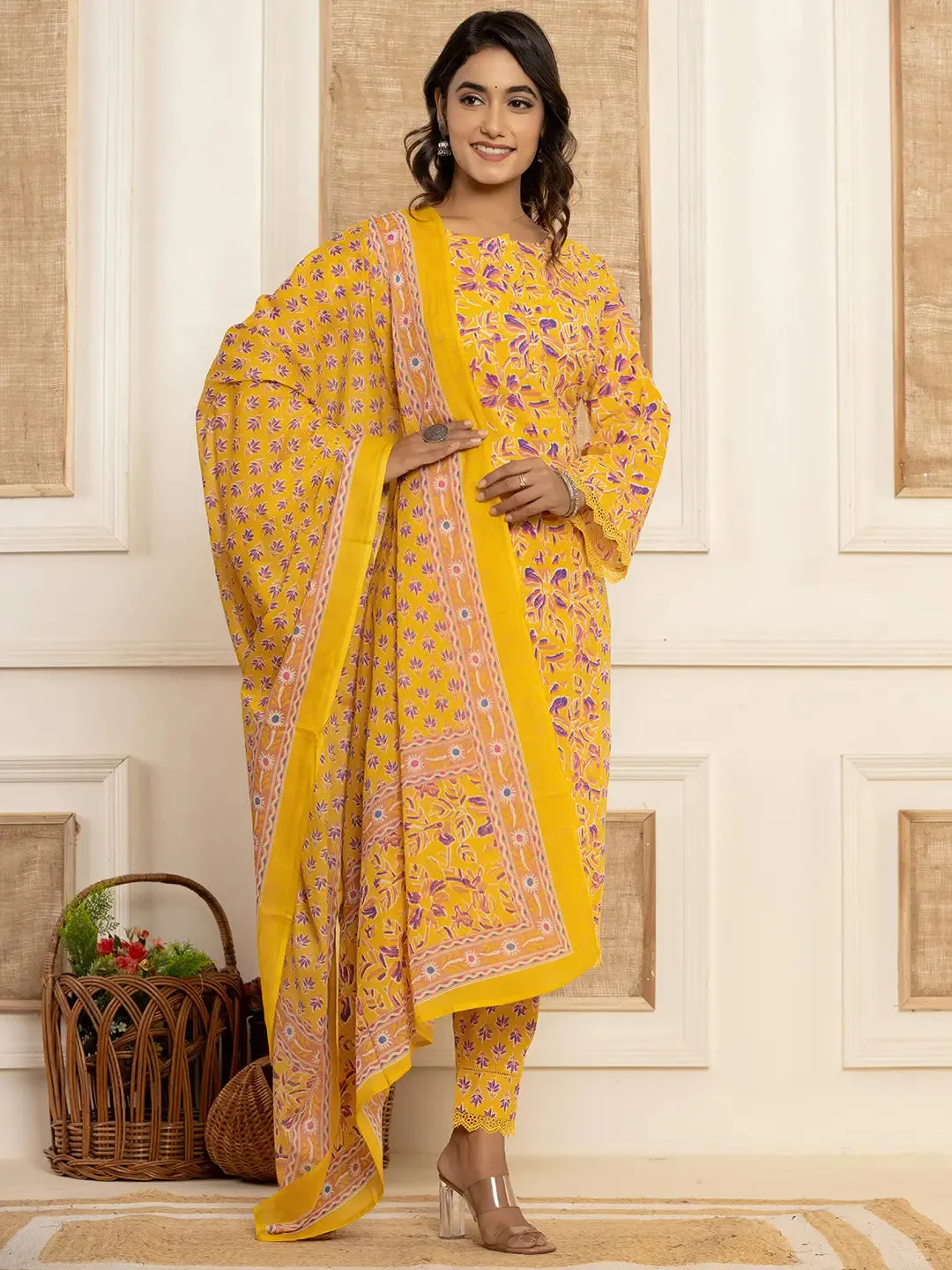 Yellow Cotton Ethnic Motif Print Straight Shape Pakistani Style Suit Set with Voile Dupatta