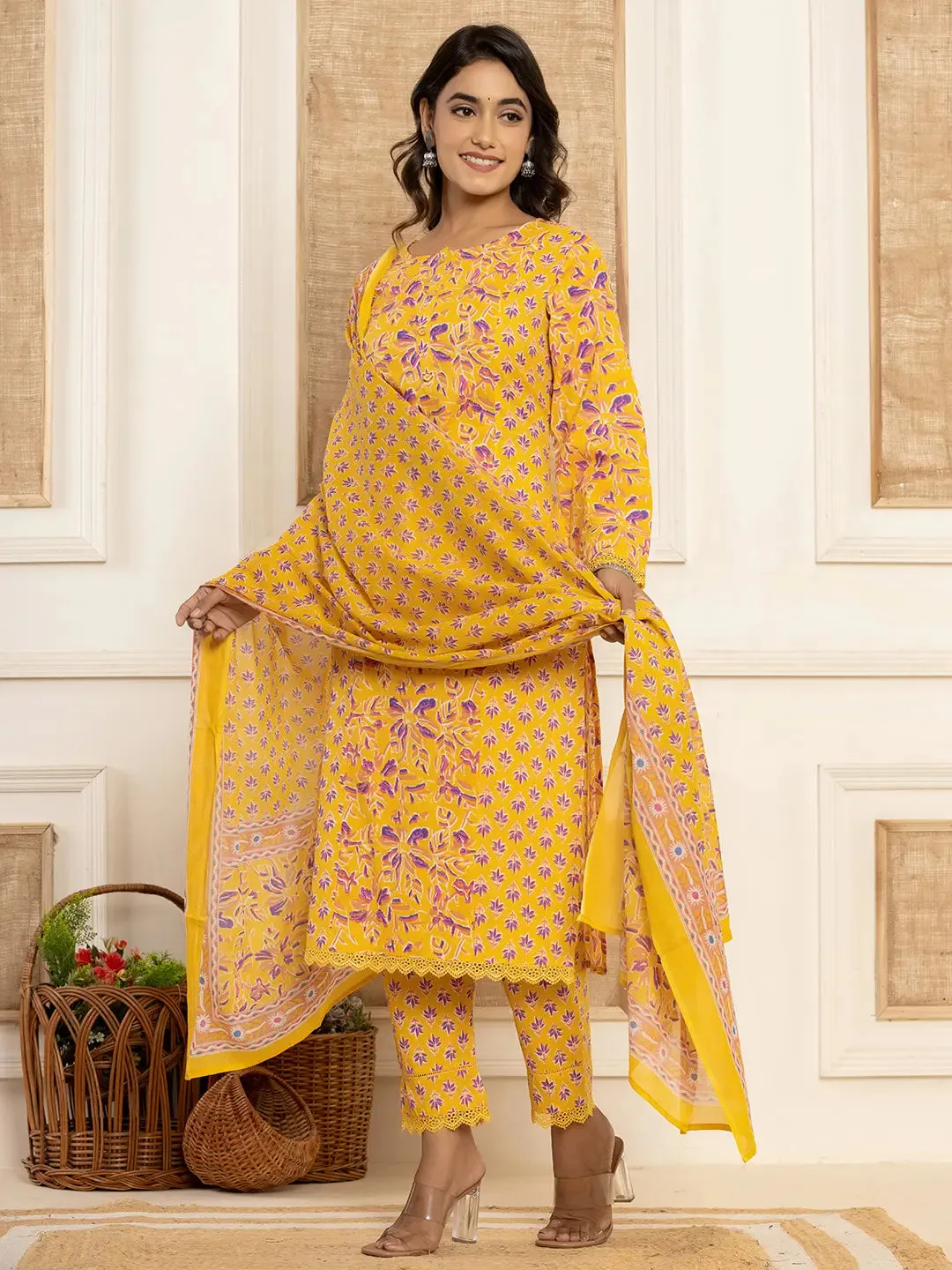 Yellow Cotton Ethnic Motif Print Straight Shape Pakistani Style Suit Set with Voile Dupatta