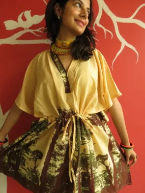 Yellow Tree of Life V-Neck, Knee Length, Cinched Waist Caftan